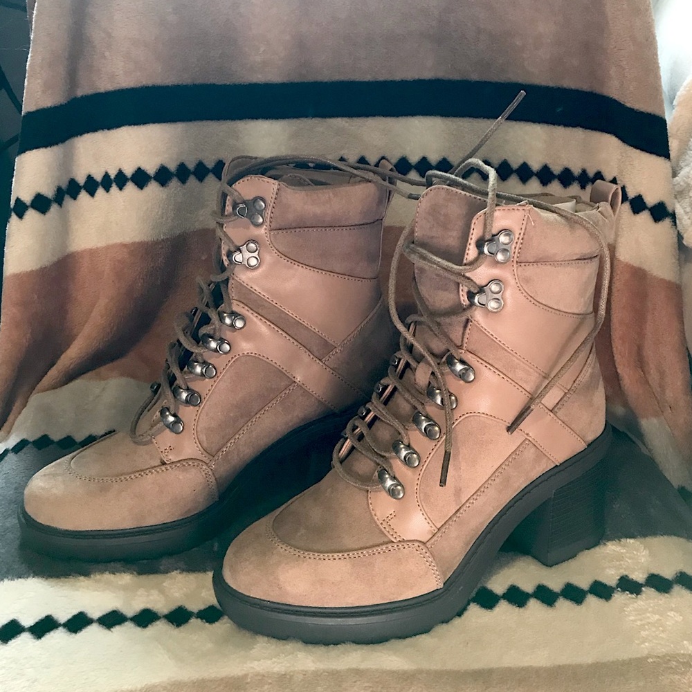 JustFab Tan Heeled Boots, Size 7.5. Only tried on once, excellent condition.